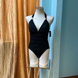 NWT black ruched one piece swimsuit plunge halter. Deep V neckline